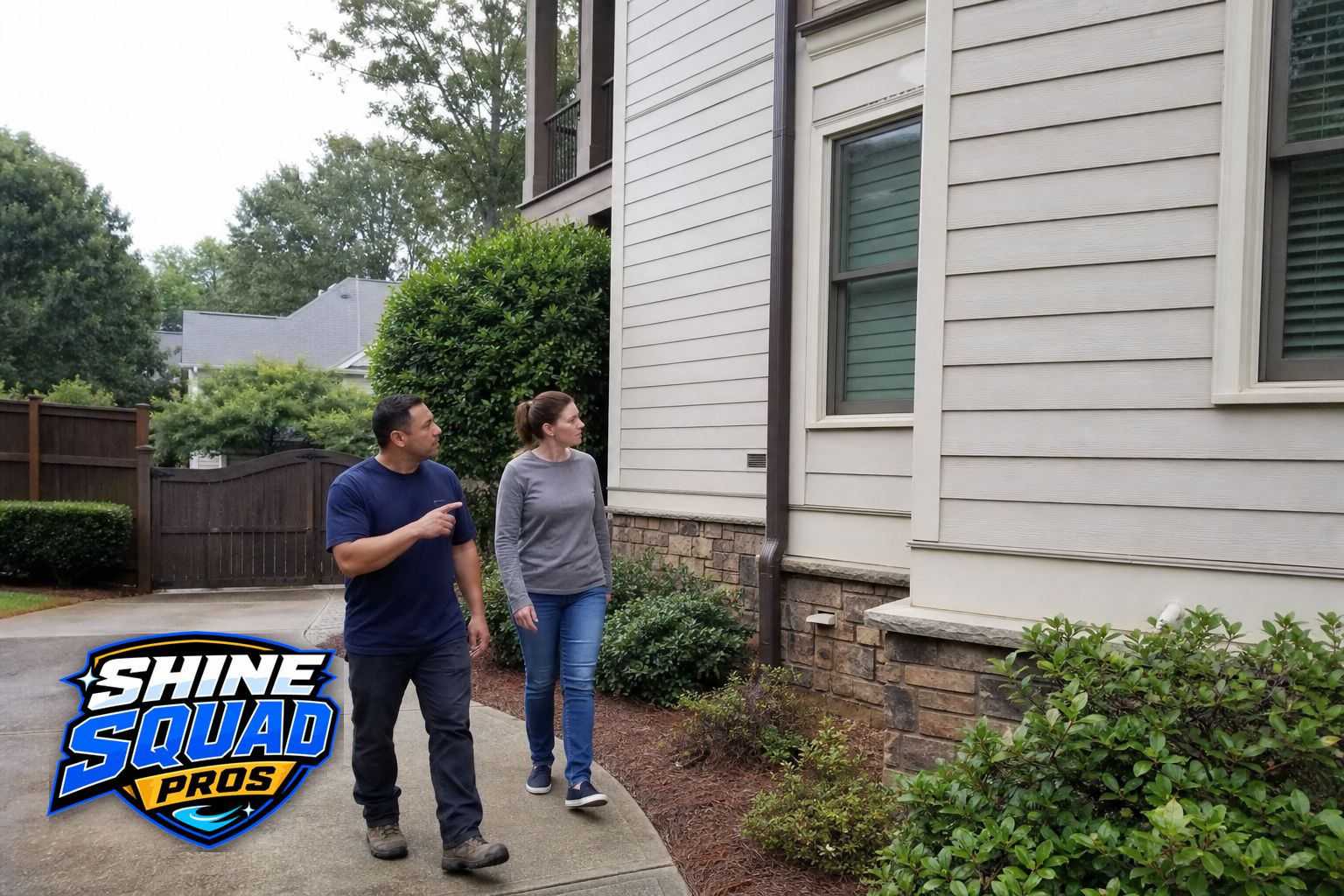 Home-service worker and homeowner reviewing exterior surfaces and property access