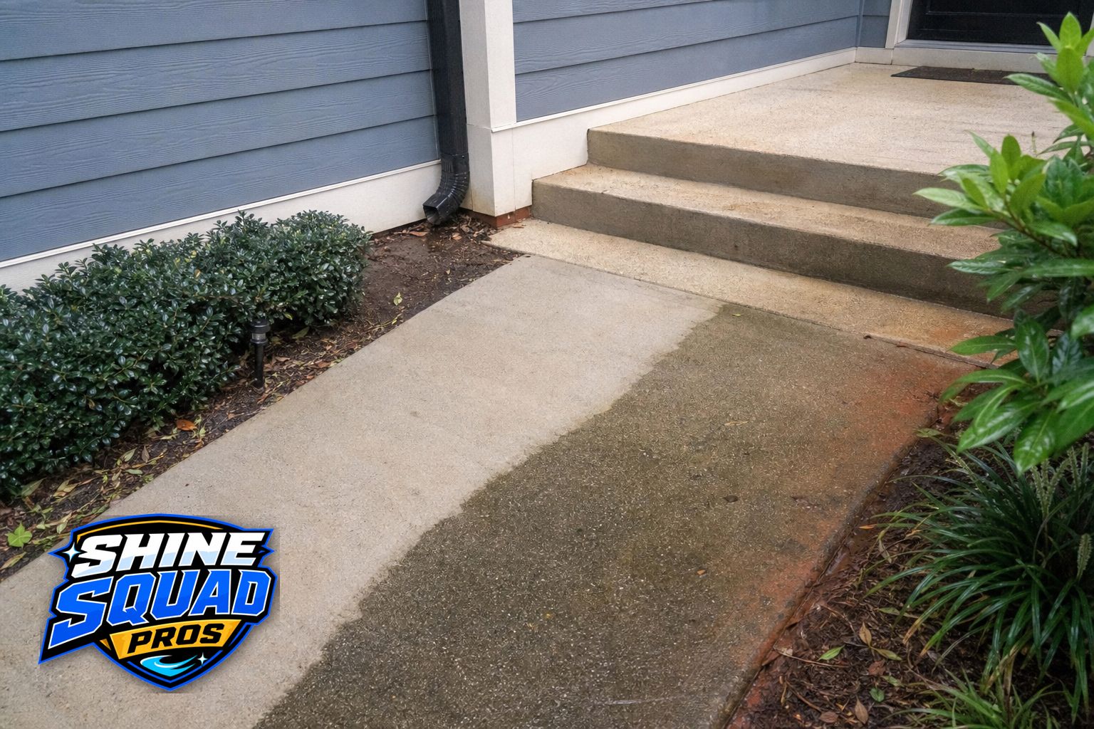 Partially cleaned concrete walkway and steps beside landscaping at an Atlanta-area home