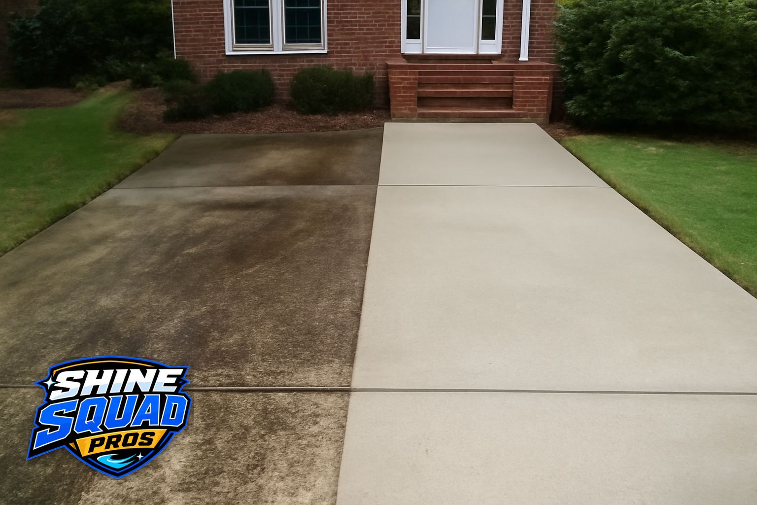 Pressure washing technician cleaning a residential driveway in Sandy Springs, Georgia