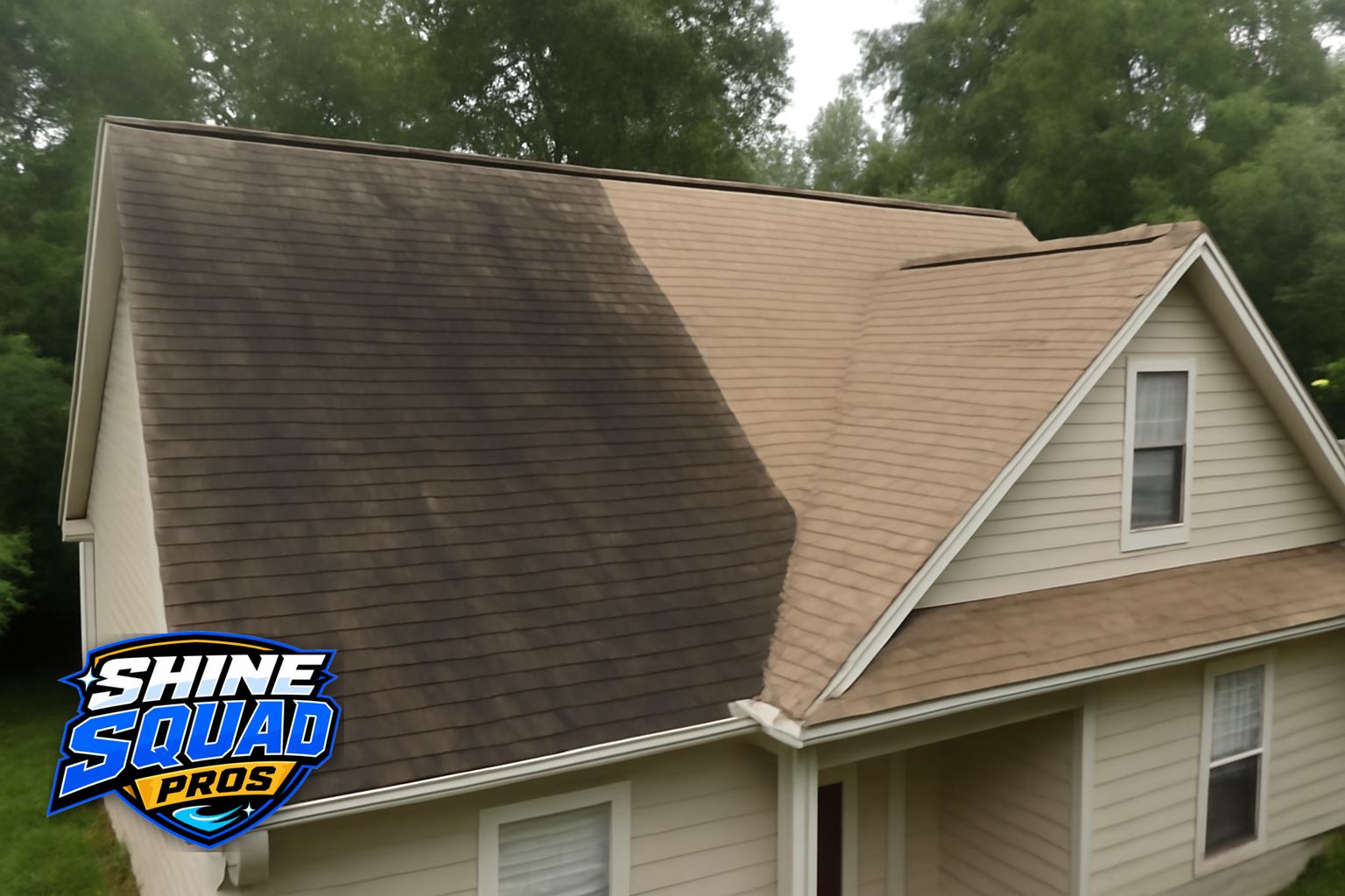 Roof cleaning in progress on a residential home in Decatur, Georgia, showing dark algae streaks being removed from shingles